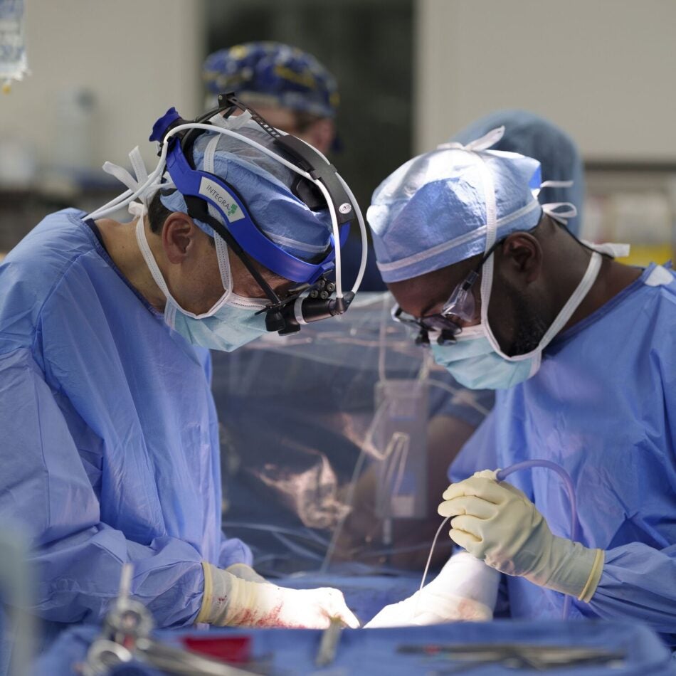 Two surgeons at Boston Medical Center - Brighton in full scrubs during an operation (patient not visible)