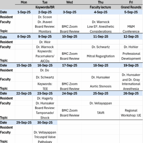Sample didactics schedule for the BMC Brighton Anesthesiology Residency (September 2025) (screenshot)