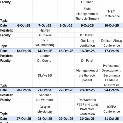 Sample didactics schedule for the BMC Brighton Anesthesiology Residency (October 2025) (screenshot)