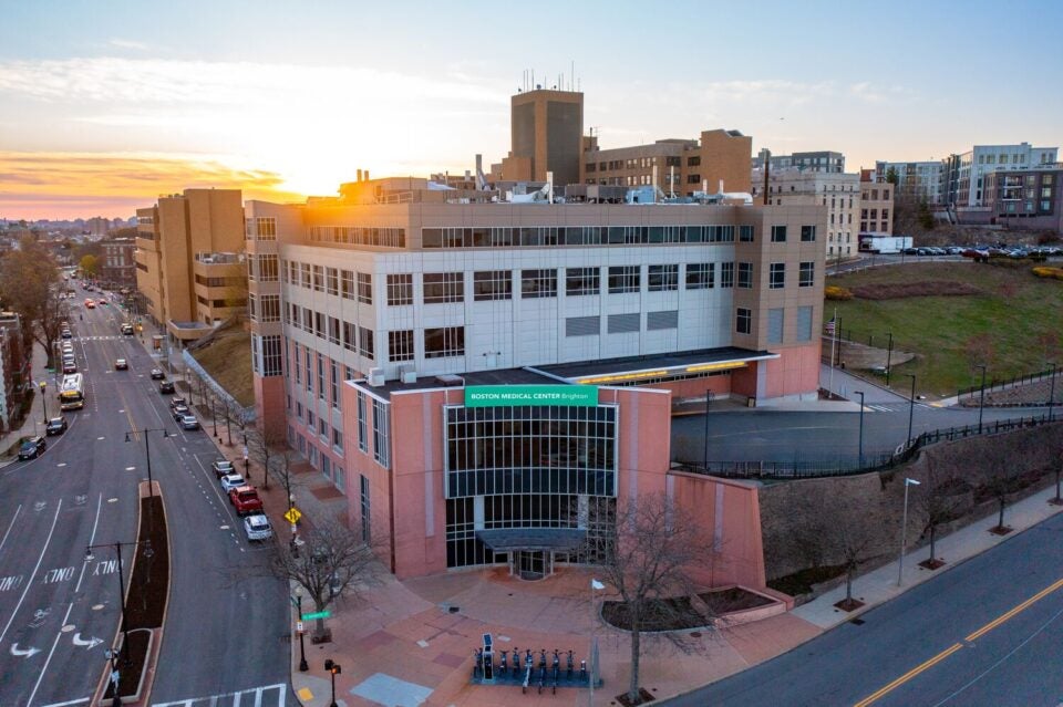 Aerial photo of BMC Brighton (hospital building exterior) at sunset