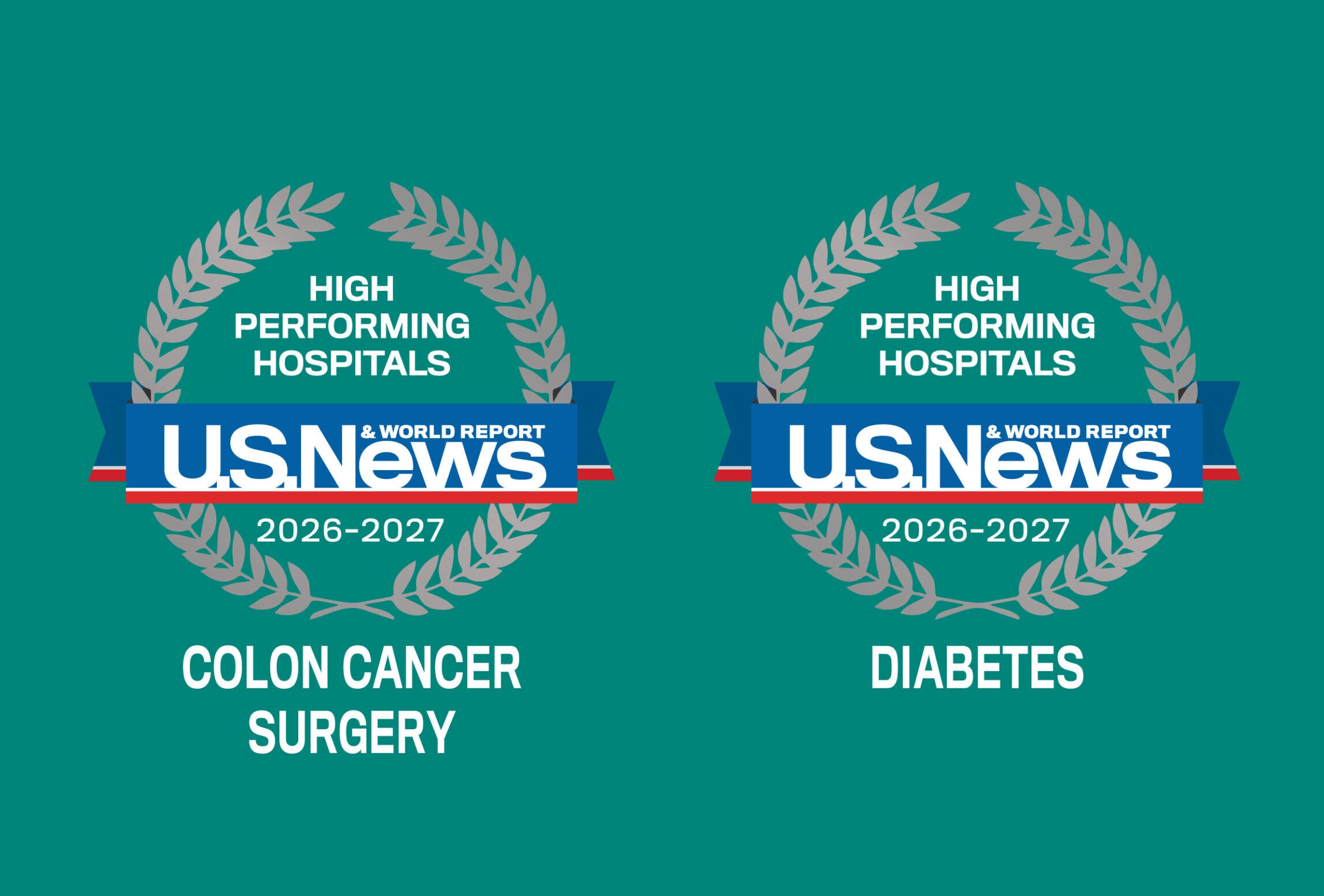 Graphic displaying two 2026–2027 U.S. News & World Report High Performing Hospital badges recognizing BMC South for colon cancer surgery and diabetes care.
