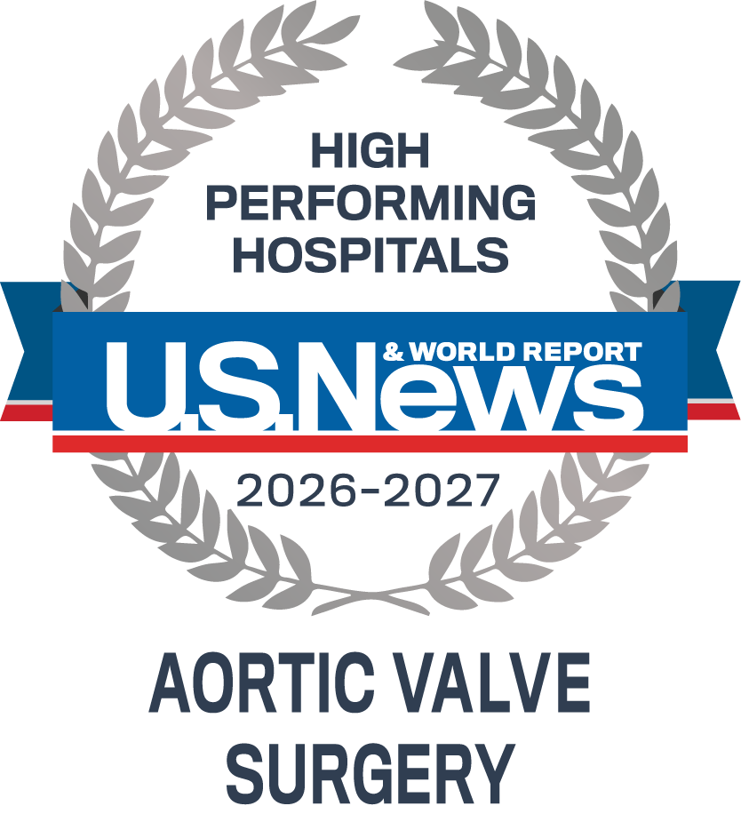 Badge (laurel wreath and ribbon): U.S. News & World Report High-Performing Hospitals, 2026–2027: Aortic Valve Surgery