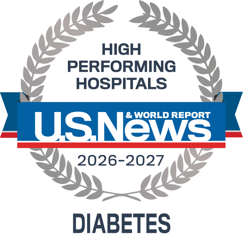 Badge (laurel wreath and ribbon): U.S. News & World Report High-Performing Hospitals, 2026–2027: Diabetes