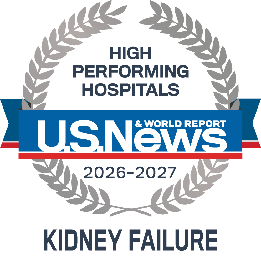Badge (laurel wreath and ribbon): U.S. News & World Report High-Performing Hospitals, 2026–2027: Kidney Failure