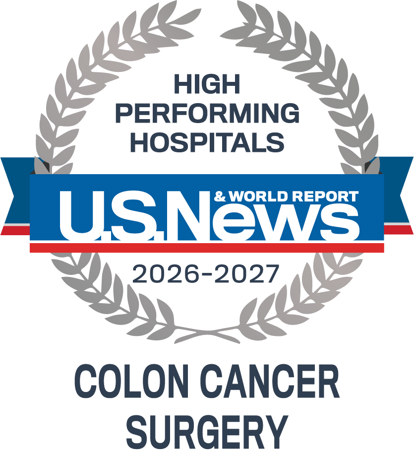 Badge (laurel wreath and ribbon): U.S. News & World Report High-Performing Hospitals, 2026–2027: Colon Cancer Surgery