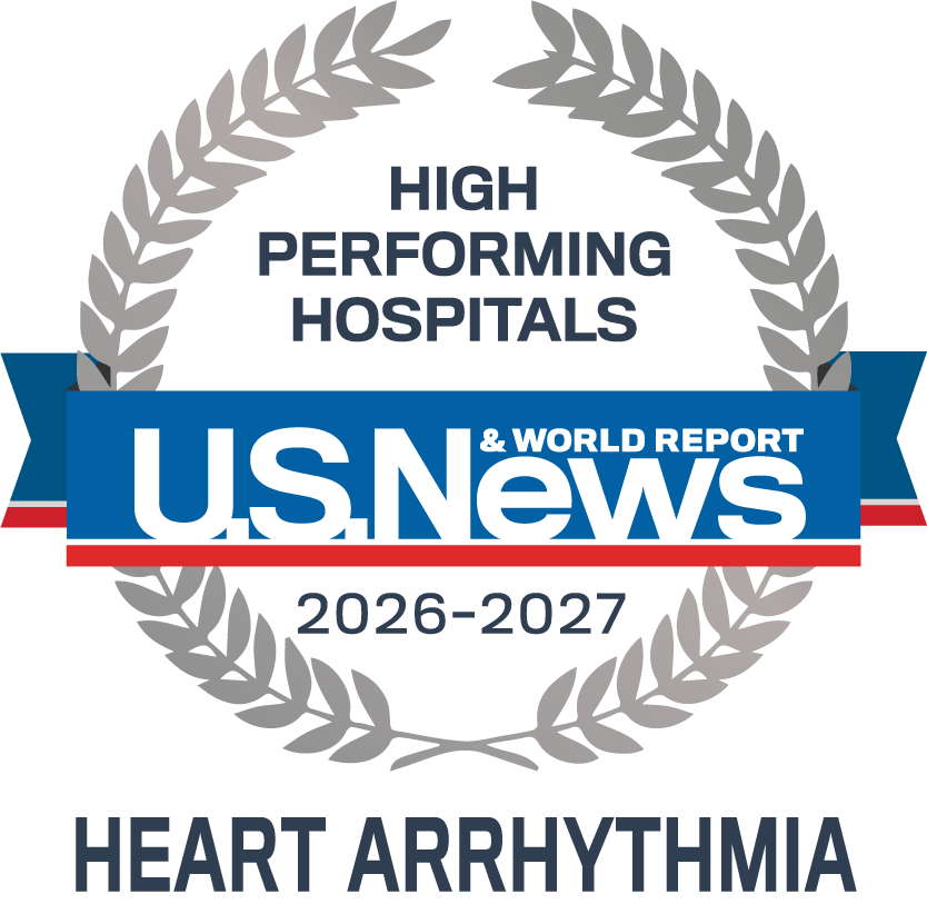 Badge (laurel wreath and ribbon): U.S. News & World Report High-Performing Hospitals, 2026–2027: Heart Arrhythmia