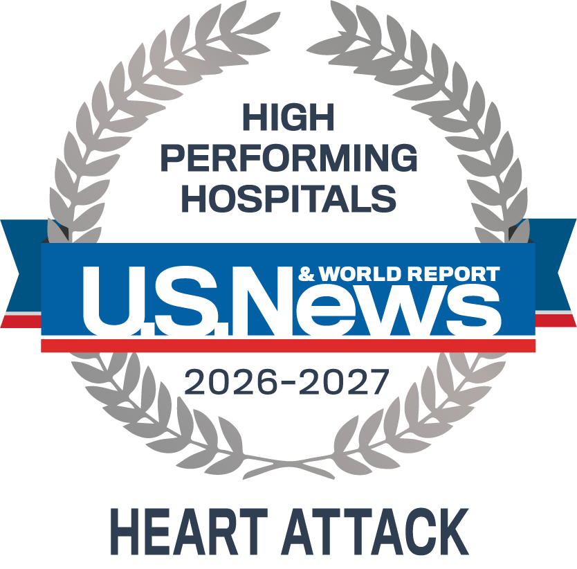 Badge (laurel wreath and ribbon): U.S. News & World Report High-Performing Hospitals, 2026–2027: Heart Attack