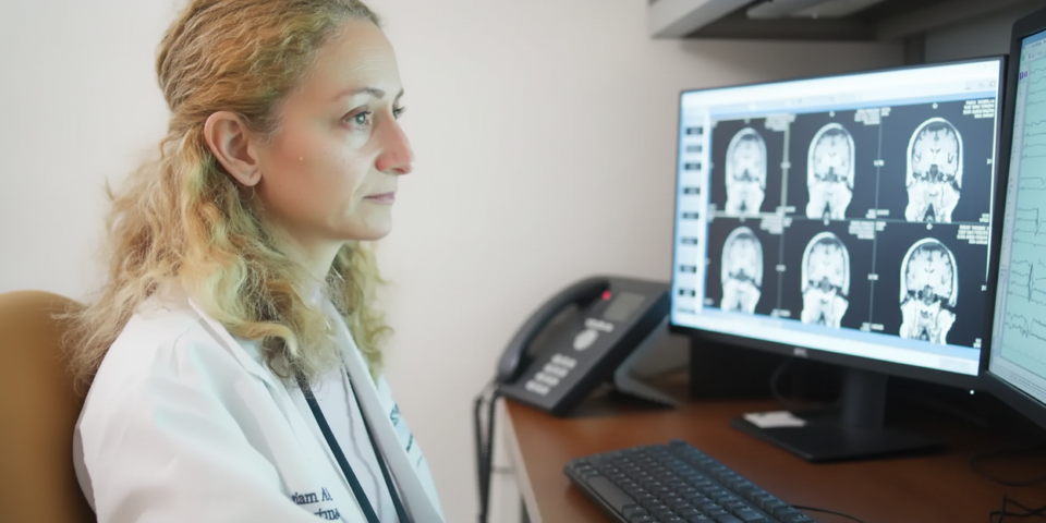 A white woman with long curly blonde hair wearing a lab coat and stethoscope stares at a computer monitor displaying images from a. brain scan